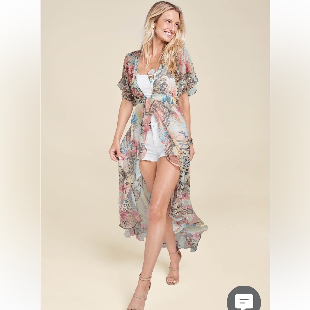 Venus Embellished Floral Paisley Print Sheer Maxi Top with Tie Closure